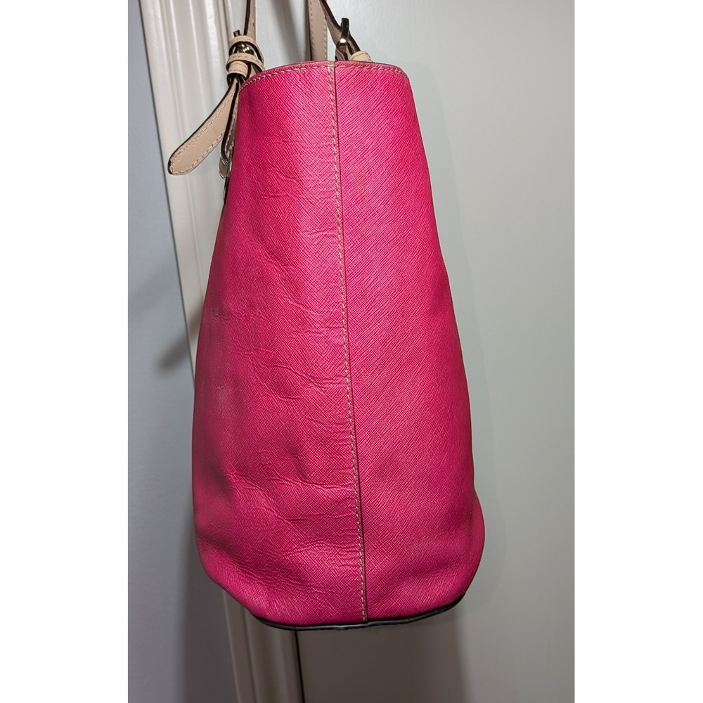 Michael Kors Tote Bag Hot Pink Tan Coated Canvas Leather Handles Jet Set Purse - Picture 6 of 16